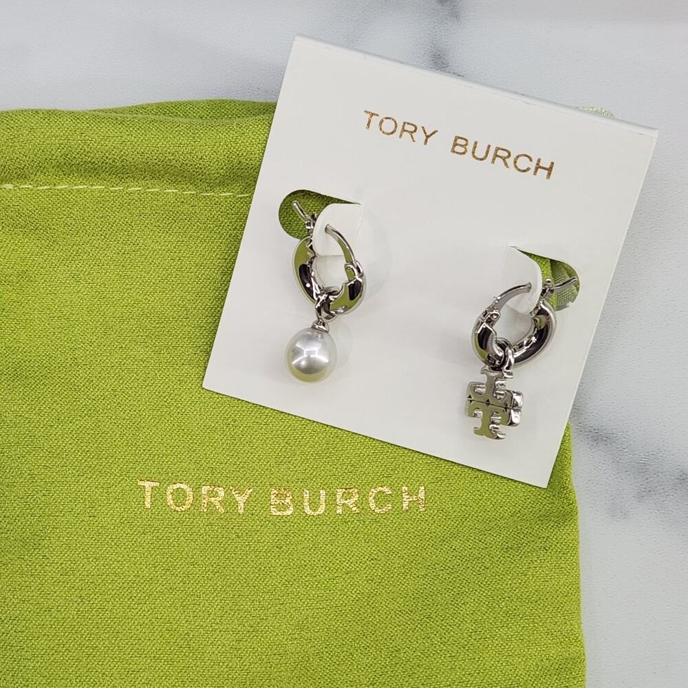 Tory Burch Kira Mismatched Hoop Earrings Silver Tone freshwater pearl & Double T